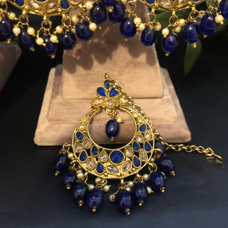 Pearly Antique Gold Double Choker Necklace Set (Necklace Earrings Tikka) - Golden / Royal Blue - Necklace Set