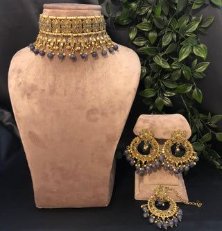 Pearly Antique Gold Necklace Set (Necklace Earrings Tikka) - Golden / Grey - Necklace Set
