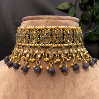 Pearly Antique Gold Necklace Set (Necklace Earrings Tikka) - Golden / Grey - Necklace Set