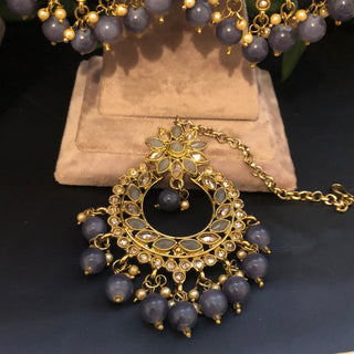 Pearly Antique Gold Necklace Set (Necklace Earrings Tikka) - Golden / Grey - Necklace Set