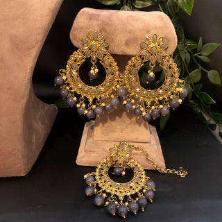 Pearly Antique Gold Necklace Set (Necklace Earrings Tikka) - Golden / Grey - Necklace Set
