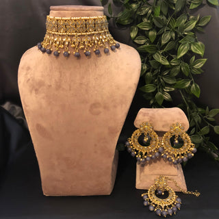 Pearly Antique Gold Necklace Set (Necklace Earrings Tikka) - Golden / Grey - Necklace Set