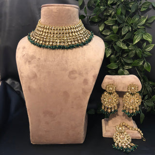 Pearly Antique Gold Necklace Set (Necklace Earrings Tikka) - Golden / Emerald Green - Necklace Set