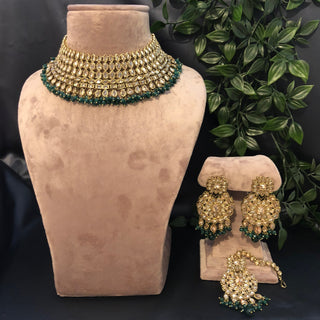 Pearly Antique Gold Necklace Set (Necklace Earrings Tikka) - Golden / Emerald Green - Necklace Set