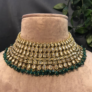 Pearly Antique Gold Necklace Set (Necklace Earrings Tikka) - Golden / Emerald Green - Necklace Set