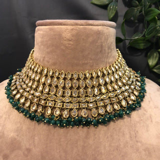 Pearly Antique Gold Necklace Set (Necklace Earrings Tikka) - Golden / Emerald Green - Necklace Set