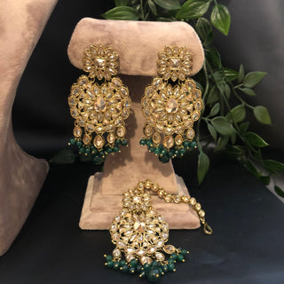 Pearly Antique Gold Necklace Set (Necklace Earrings Tikka) - Golden / Emerald Green - Necklace Set