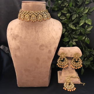 Pearly Antique Gold Necklace Set (Necklace Earrings Tikka) - Golden / Peach - Necklace Set