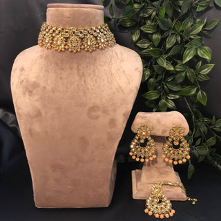 Pearly Antique Gold Necklace Set (Necklace Earrings Tikka) - Golden / Peach - Necklace Set
