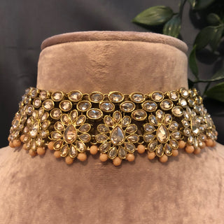 Pearly Antique Gold Necklace Set (Necklace Earrings Tikka) - Golden / Peach - Necklace Set
