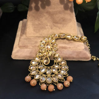 Pearly Antique Gold Necklace Set (Necklace Earrings Tikka) - Golden / Peach - Necklace Set