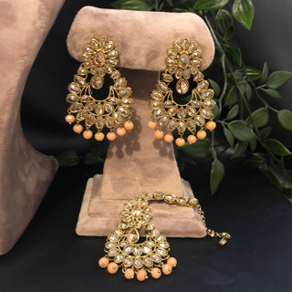 Pearly Antique Gold Necklace Set (Necklace Earrings Tikka) - Golden / Peach - Necklace Set