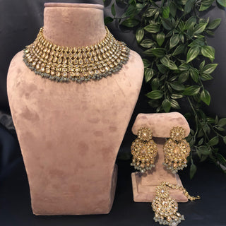 Pearly Antique Gold Necklace Set (Necklace Earrings Tikka) - Golden / Grey - Necklace Set