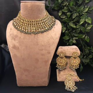Pearly Antique Gold Necklace Set (Necklace Earrings Tikka) - Golden / Grey - Necklace Set
