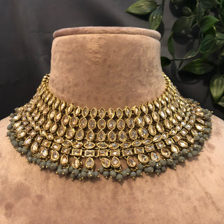 Pearly Antique Gold Necklace Set (Necklace Earrings Tikka) - Golden / Grey - Necklace Set