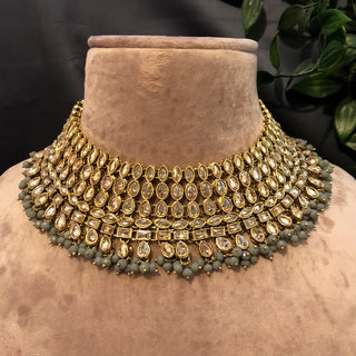 Pearly Antique Gold Necklace Set (Necklace Earrings Tikka) - Golden / Grey - Necklace Set