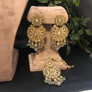 Pearly Antique Gold Necklace Set (Necklace Earrings Tikka) - Golden / Grey - Necklace Set