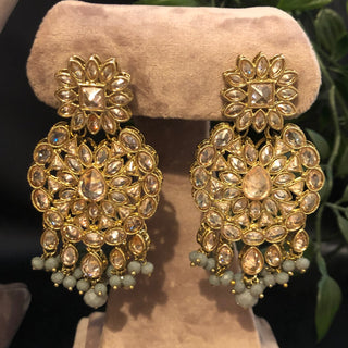 Pearly Antique Gold Necklace Set (Necklace Earrings Tikka) - Golden / Grey - Necklace Set