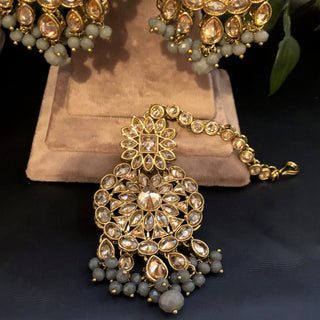 Pearly Antique Gold Necklace Set (Necklace Earrings Tikka) - Golden / Grey - Necklace Set