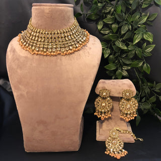 Pearly Antique Gold Necklace Set (Necklace Earrings Tikka) - Golden / Peach - Necklace Set