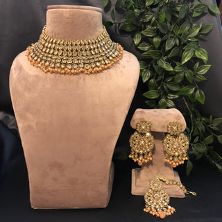 Pearly Antique Gold Necklace Set (Necklace Earrings Tikka) - Golden / Peach - Necklace Set