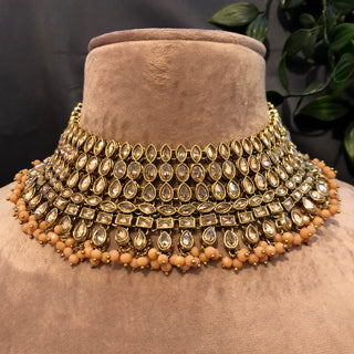 Pearly Antique Gold Necklace Set (Necklace Earrings Tikka) - Golden / Peach - Necklace Set