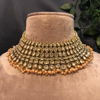 Pearly Antique Gold Necklace Set (Necklace Earrings Tikka) - Golden / Peach - Necklace Set