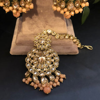 Pearly Antique Gold Necklace Set (Necklace Earrings Tikka) - Golden / Peach - Necklace Set
