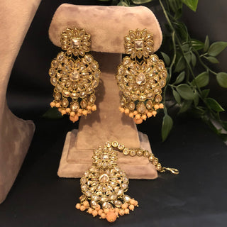 Pearly Antique Gold Necklace Set (Necklace Earrings Tikka) - Golden / Peach - Necklace Set