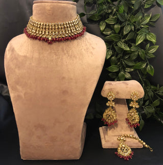 Pearly Antique Gold Necklace Set (Necklace Earrings Tikka) - Golden / Maroon - Necklace Set