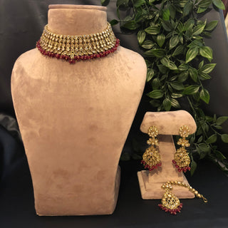 Pearly Antique Gold Necklace Set (Necklace Earrings Tikka) - Golden / Maroon - Necklace Set