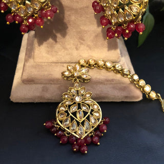 Pearly Antique Gold Necklace Set (Necklace Earrings Tikka) - Golden / Maroon - Necklace Set