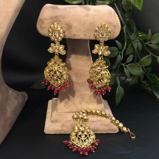 Pearly Antique Gold Necklace Set (Necklace Earrings Tikka) - Golden / Maroon - Necklace Set