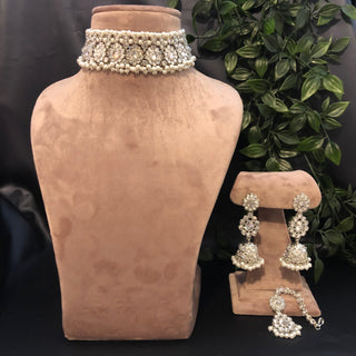 Pearly Antique Silver Necklace Set (Necklace Earrings Tikka) - Silver - Necklace Set