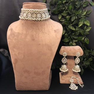 Pearly Antique Silver Necklace Set (Necklace Earrings Tikka) - Silver - Necklace Set