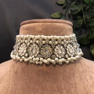 Pearly Antique Silver Necklace Set (Necklace Earrings Tikka) - Silver - Necklace Set