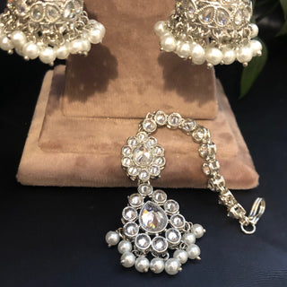 Pearly Antique Silver Necklace Set (Necklace Earrings Tikka) - Silver - Necklace Set