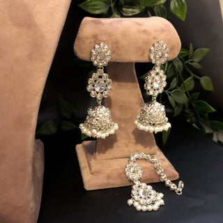 Pearly Antique Silver Necklace Set (Necklace Earrings Tikka) - Silver - Necklace Set