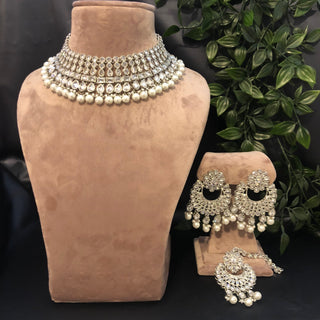 Pearly Antique Silver Necklace Set (Necklace Earrings Tikka) - Silver - Necklace Set
