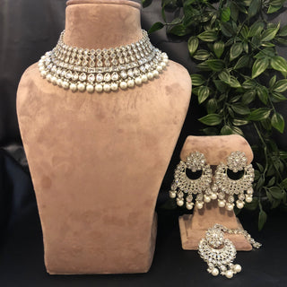 Pearly Antique Silver Necklace Set (Necklace Earrings Tikka) - Silver - Necklace Set
