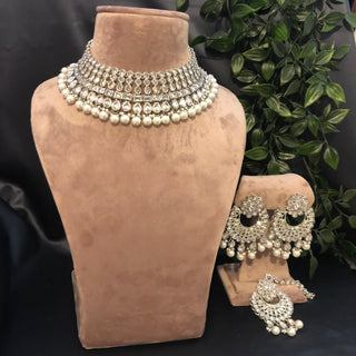 Pearly Antique Silver Necklace Set (Necklace Earrings Tikka) - Silver - Necklace Set