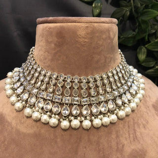 Pearly Antique Silver Necklace Set (Necklace Earrings Tikka) - Silver - Necklace Set