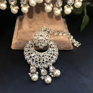 Pearly Antique Silver Necklace Set (Necklace Earrings Tikka) - Silver - Necklace Set