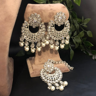Pearly Antique Silver Necklace Set (Necklace Earrings Tikka) - Silver - Necklace Set