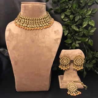 Pearly Antique Gold Necklace Set (Necklace Earrings Tikka) - Gold / Peach - Necklace Set