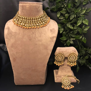 Pearly Antique Gold Necklace Set (Necklace Earrings Tikka) - Gold / Peach - Necklace Set