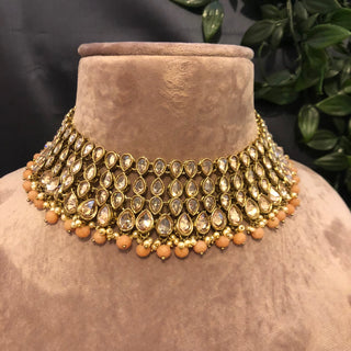 Pearly Antique Gold Necklace Set (Necklace Earrings Tikka) - Gold / Peach - Necklace Set