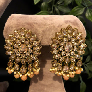 Pearly Antique Gold Necklace Set (Necklace Earrings Tikka) - Gold / Peach - Necklace Set