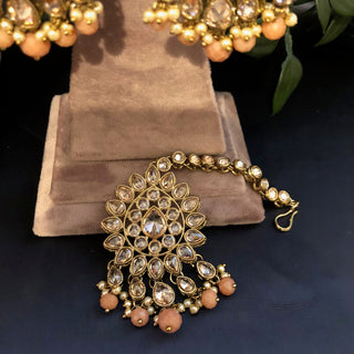 Pearly Antique Gold Necklace Set (Necklace Earrings Tikka) - Gold / Peach - Necklace Set
