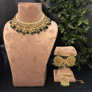 Pearly Antique Gold Necklace Set (Necklace Earrings Tikka) - Gold / Emerald Green - Necklace Set